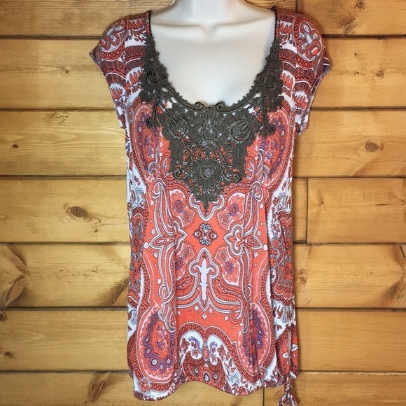 Free People | Tangerine Orange Print Olive Lace Detail Top L - Picture 1 of 6
